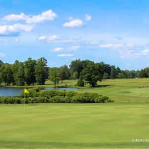 Yellow flag near hole on golf course 