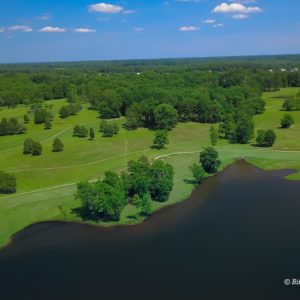 Golf course with pond and trees